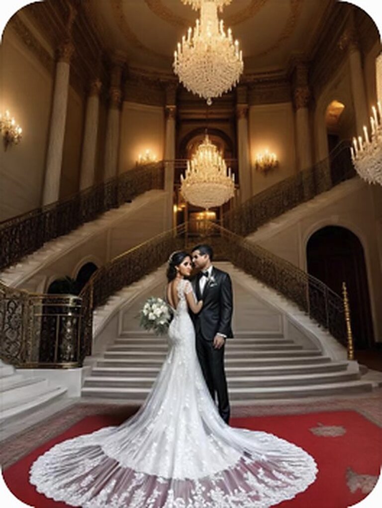 Bride and groom on a grand staircase